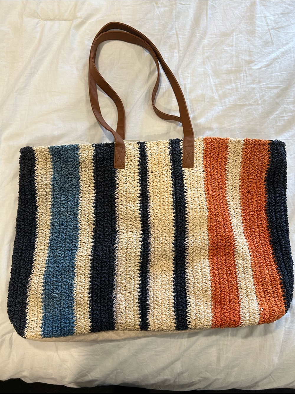 Striped Crochet Tote with Brown Leather Handles - Multicolor